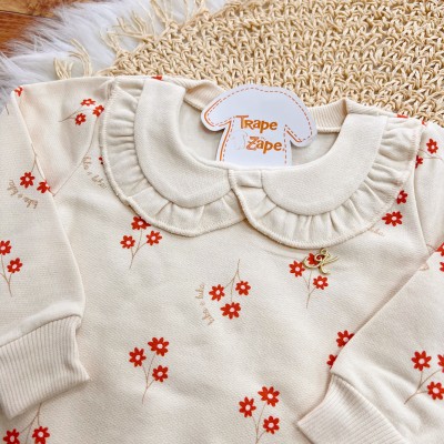 Conj. Casaco Florzinhas Laranjas e Calça de Moletom - Areia 